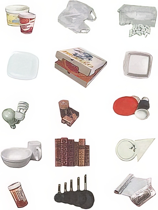 yogurt and dairy cups, plastic bags, styrofoam, hardback books, and other non-recyclable items